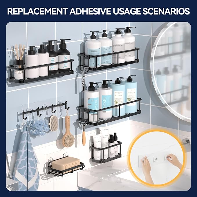 YASONIC 2-Pack Shower Caddy Adhesive Replacement - Transparent Shower Adhesive Strips, No Drilling Hooks for Bath Storage Shelves, Kitchen Racks, Basket & Soap Holder - Image 8