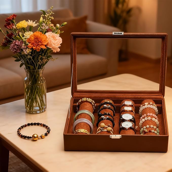 Bracelets Organizer Rods Bangles Display Holder, Clear See through Lid Leather Velvet Jewelry Storage Box Case for Women, 4 Rods Brown Leather - Image 3