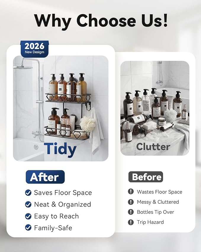 JOTPE Shower Caddy Suction Cup, No Drilling Shower Shelves Hold Up to 40 lbs, Large Capacity Double Layer Bathroom Organizer and Storage with Hooks, Rustproof & Removable Bathroom Shelf, Black - Image 6