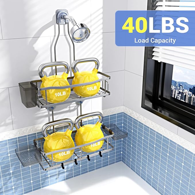 Aitatty Hanging Shower Caddy Bathroom Organizer: Rustproof Shower Shelf Racks Over Shower Head - No Drilling Inside Bath Shower Rack Shelves Over Showerhead for Shampoo with Soap Holder Silver - Image 4