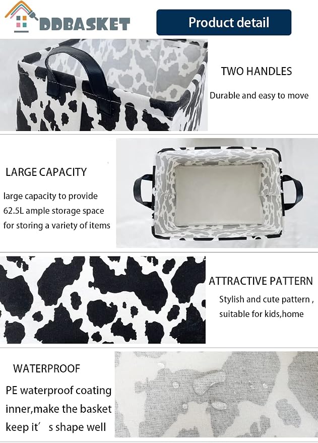 Rectangle Cow Basket Cow Print Storage Bins Cute Canvas Organizer Bin for Bedroom Decor Kids Toys Books, Clothes Shelves Gift Basket(Cow print) - Image 6