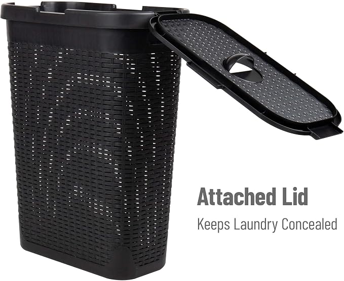 Mind Reader Slim Laundry Hamper with Lid, 40L Clothes Basket, Narrow Tapered Design with Ventilated Cutout Pattern, Plastic, Set of 2, Black - Image 5