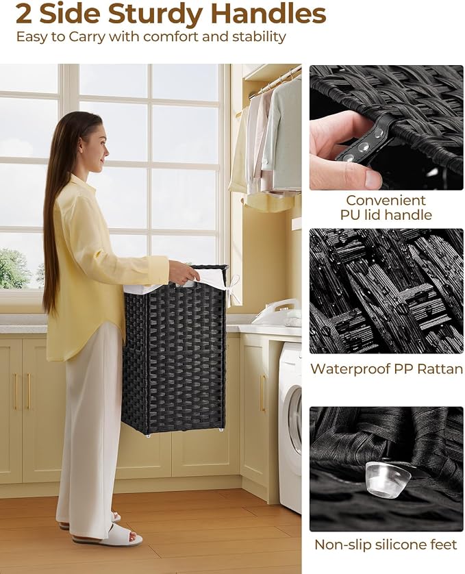 Greenstell Laundry Hamper with Lid, 125L Laundry Basket with 2 Removable Liner Bags & 2 Mesh Bags, Handwoven Synthetic Rattan Clothes Hamper for Clothes, Toys in Bathroom, Bedroom, Foldable, Black - Image 3