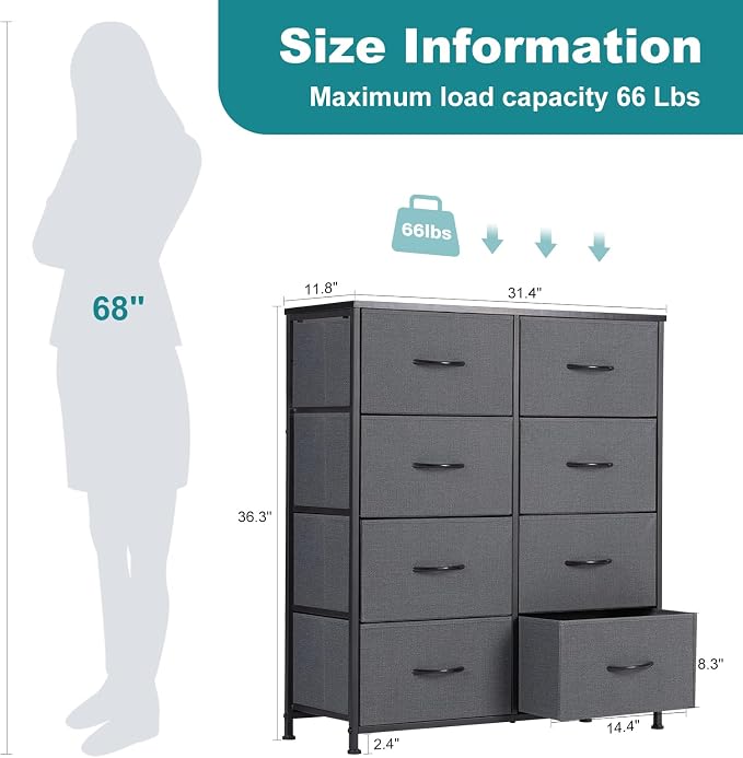 OLIXIS 8 Drawer Storage Dresser with Wood Top - Wide Fabric Chest Organizer for Bedroom, Closet, Living Room,Tower Cabinet, TV Stand, Hallway Entryway Furniture,Grey - Image 3
