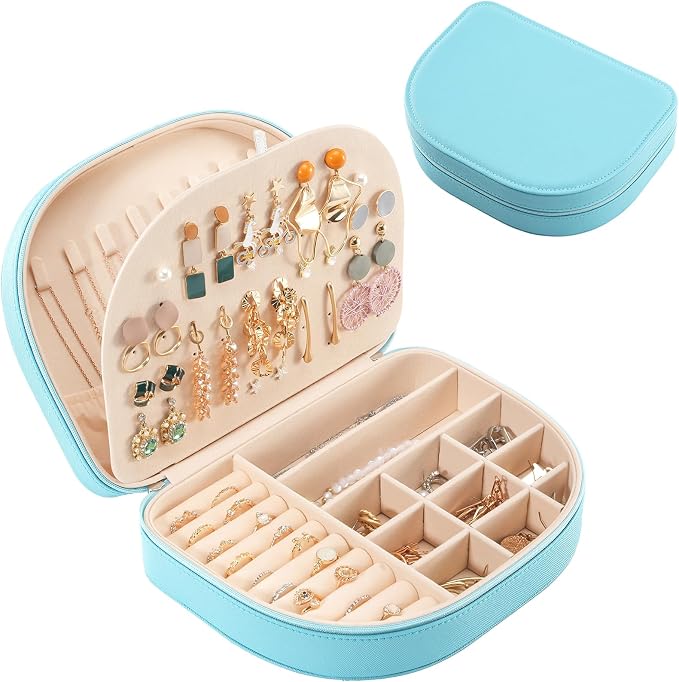 ProCase Travel Size Jewelry Box, Large Portable Seashell-Shaped Jewelry Case, 2 Layer Jewelry Organizer in PU Leather for Women -Blue by ProCase