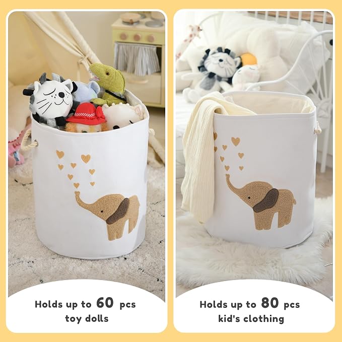 INough Baby Laundry Basket Laundry Hamper, Canvas 58L XL Baby Clothes Basket, Collapsible Brown Laundry Basket for Nursery Toy Baskets with Drawstring Closure, KidsRoom Decor for Boys - Image 3