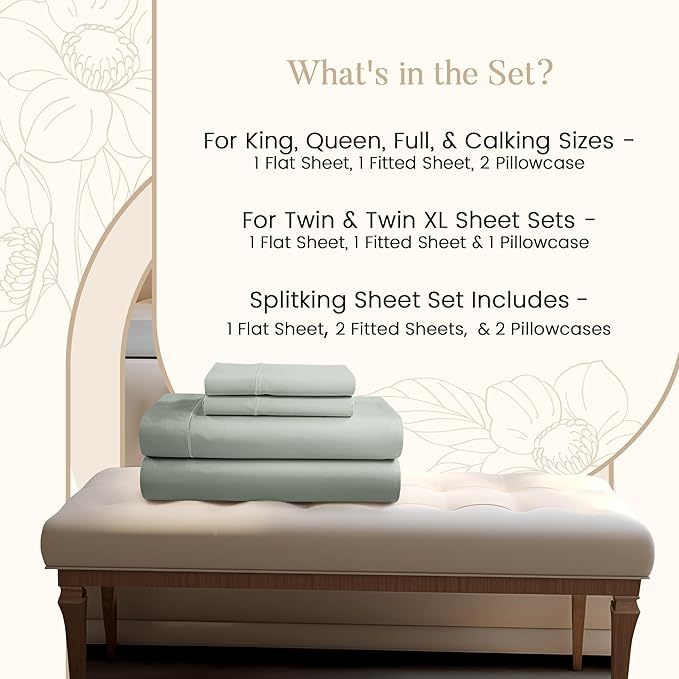 Deep Pocket Queen Sheets Set, Egyptian Cotton Sheets Queen Size Bed Set with Elasticated Fitted Sheet & Pillowcase Sets, Soft & Comfy 800TC Sateen, No Pill & Shrink Luxury Bedding, Sage Green Sheet