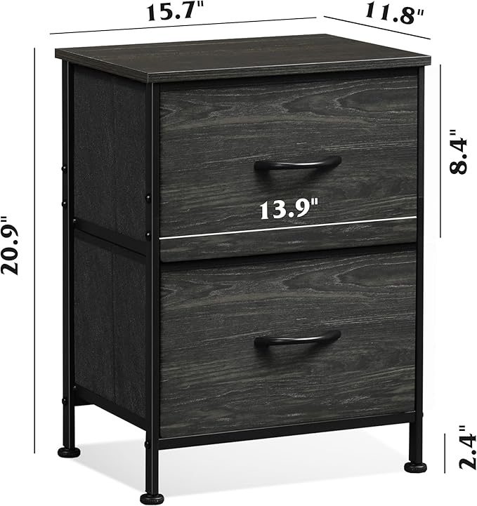 WLIVE Night Stand, Small Dresser with 2 Drawers & Wooden Top, Nightstand with Fabric Bins, Bedside Table End Table for Bedroom, Closet, Entryway, College Dorm, Charcoal Black