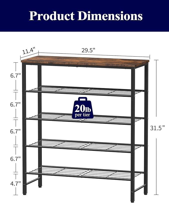 Kitsure Shoe Rack for Closet, Rustic Brown Shoe Organizer with Leveling Feet, Sturdy & Rust-Proof Shoe Storage for Entryway, Bedroom, Living Room, 29.5" x 11.4" x 31.2", Brown - Image 2