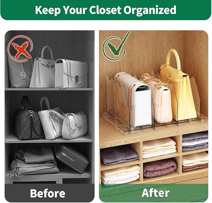 SPACEKEEPER Adjustable Shelf Divider for Closet, 2 Pack Clear Purse Organizers for Closet Acrylic Handbag Separators Storage Organizer Bookshelf Separator Dividers in Bedroom, Office - Image 5