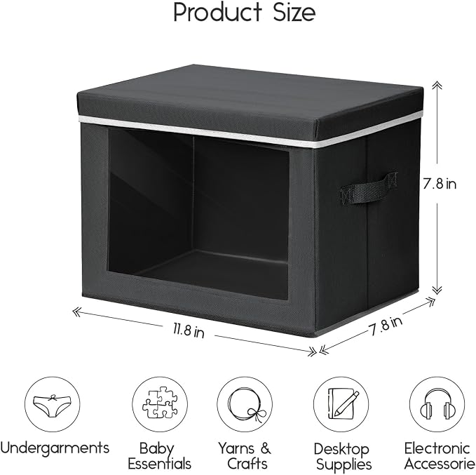 Homsorout Storage Bins with Lids - Small Fabric Organizers with Window, Collapsible Storage Bins for Clothes, Decorative Closet Organizers for Towels, Tshirt, 3 Pack, Black - Image 2