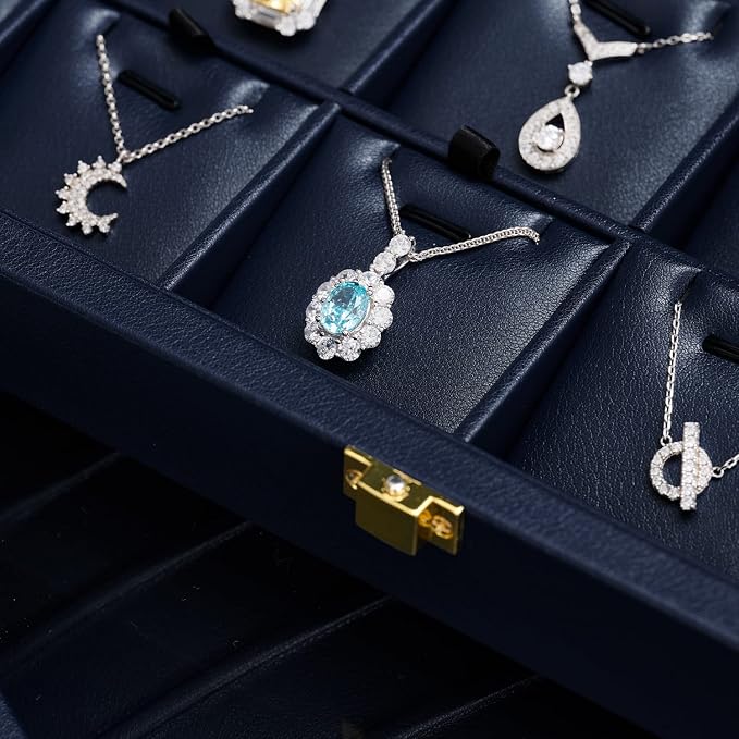 Oirlv Premium Blue Leather Jewelry Tray with 24 Grid Removable Jewelry Cards Jewelry Organizer Box with Transparent Acrylic Lid Necklace Pendant Display Case - Image 3