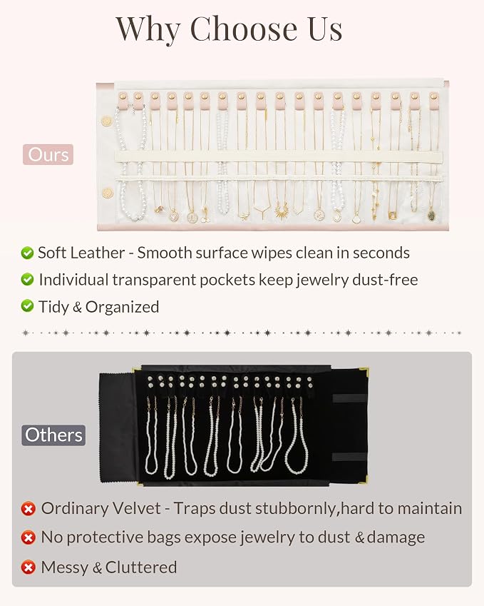 Lolalet Travel Necklace Organizer, Tangle-Free Necklace Case for Travel, Leather Foldable Roll Up Jewelry Storage Bag for Necklaces Chains Bracelets, Mothers Day Gift - Image 3