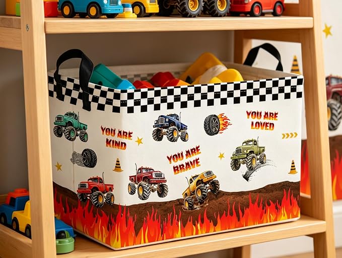 Rectangular Kids Baskets Monster Truck Basket Cute Storage Bins Organizer Box Boys Room Decor for Home.(Flame Racing) - Image 3
