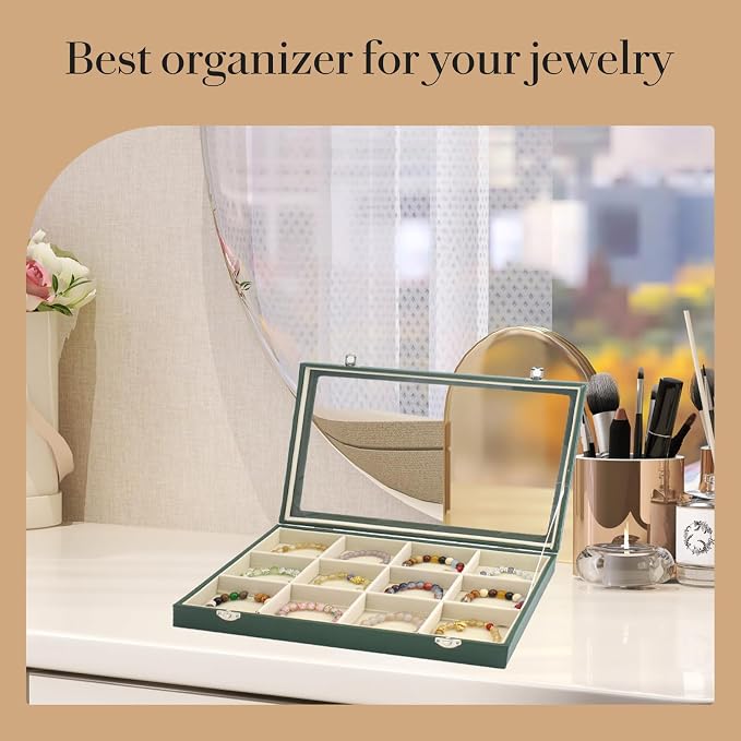 KOOAAICCHI Jewelry Tray Organizer with Clear Lid - 12 Grid Storage Display Case with Lock Earring Ring Organizer Showcase Gifts for Women-Green - Image 5