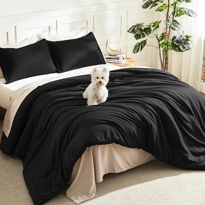 Litanika Black Twin/Twin XL Comforter Set, 2 Pieces Lightweight Solid Bedding Comforter Set, All Season Fluffy Bed Set (66x90In Comforter & 1 Pillowcase)