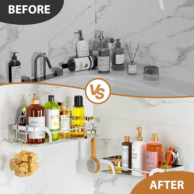 LEVERLOC Shower Caddy Suction Cup 2 Pack, Shower Shelf for Inside, Large Capacity Bathroom Organizers and Storage, Rustproof & Waterproof Metal Bath Basket, No-Drilling, Heavy Duty, Silver - Image 4