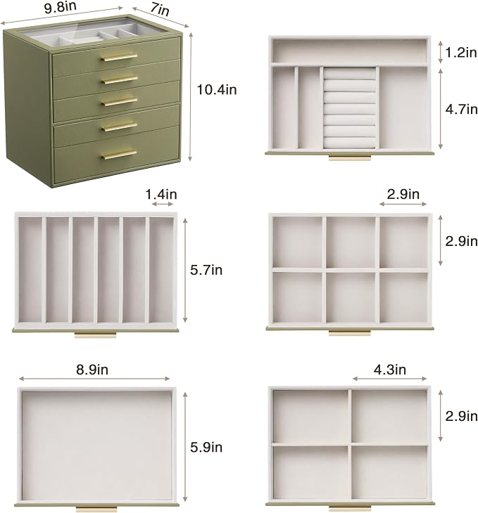 Jewelry Box Organizer Case for Women: 5-Layer Jewelry Storage Case with Glass Window, Olive Green Leather with Cream Velvet, Holder for Ring Necklace Bracelet Brooch Watch, Great Gift for Her - Image 7