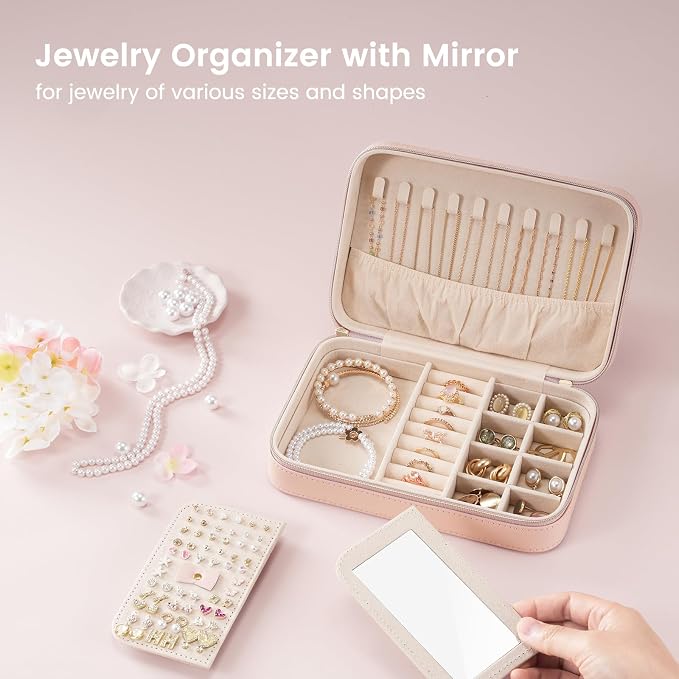 Lolalet Travel Jewelry Case for Women Girls, Travel Jewelry Organizer Box with Mirror & Clear Storage Bag, Small Portable Earring Necklace Bracelet Ring Case, Birthday Valentine Gifts -Medium, Pink - Image 2