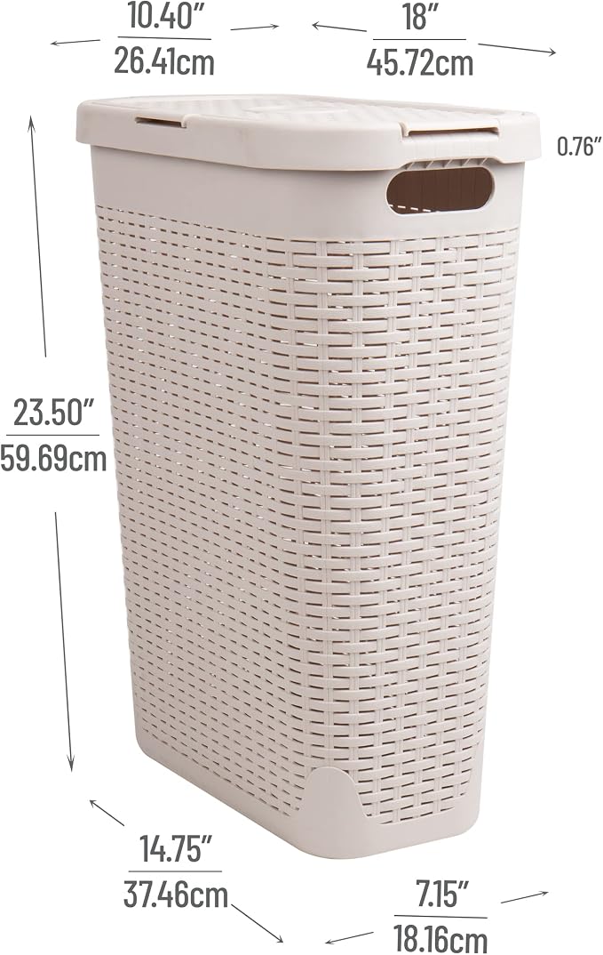 Mind Reader Slim Laundry Hamper with Lid, 40L Clothes Basket, Narrow Tapered Design with Ventilated Cutout Pattern, Plastic, Ivory - Image 3