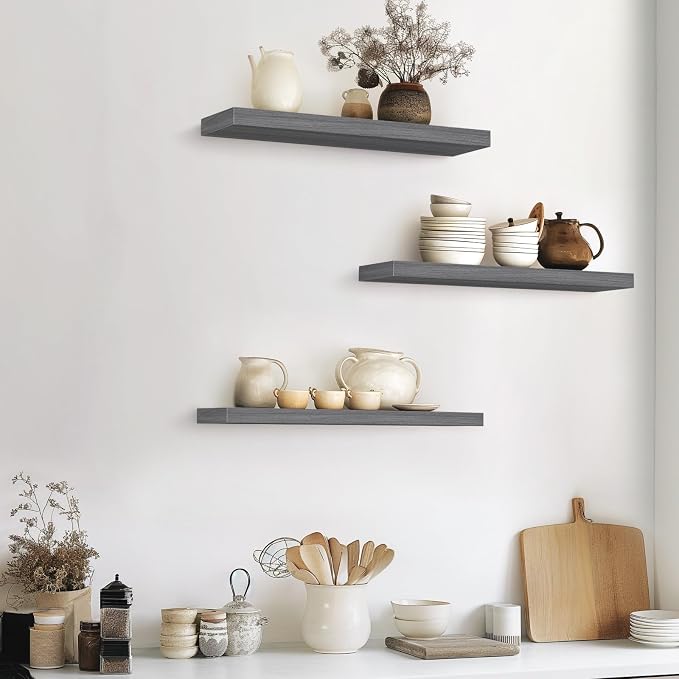 BAYKA Grey Floating Shelves for Wall 22.5 inch, Wall Mounted Shelf for Bedroom, Living Room, Kitchen – Wood with Hidden Metal Brackets, 22LBS Capacity, 6.7” Deep – Storage for Books, Plants, Decor - Image 9