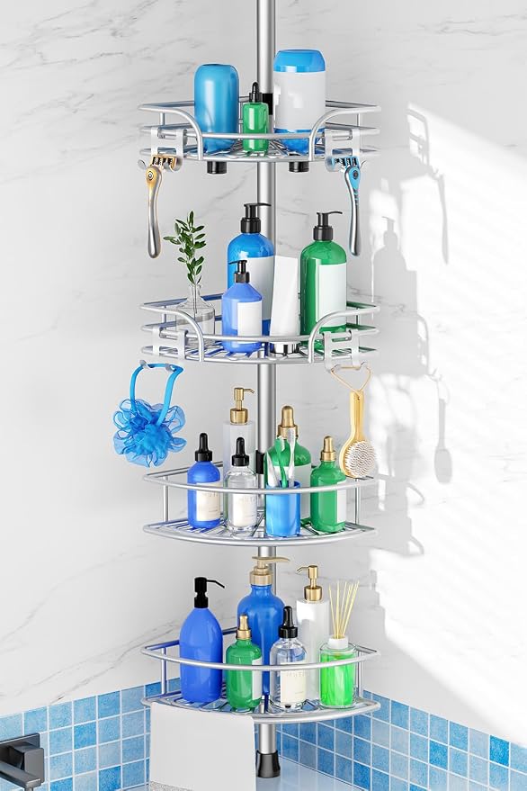 HAMITOR Shower Caddy Corner Tension Pole: 4-Tier Large Capacity Bathroom Organizer Shelves - Waterproof No-Drill Adjustable 47-123 inch Storage for Renters, Home Bathtub Stand Rack, Silver Gray by HAMITOR
