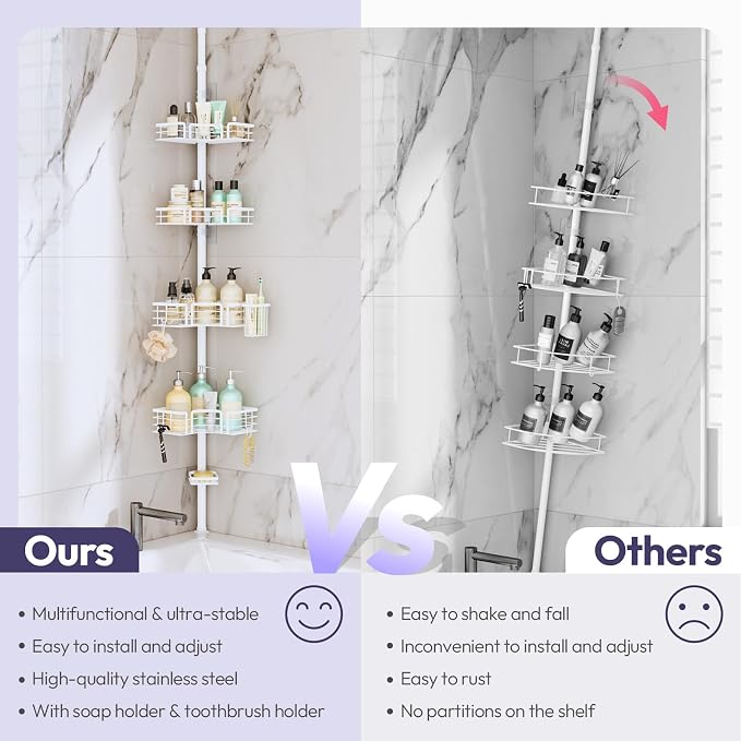 SWTYMIKI Shower Caddy Tension Pole - 4-Tier Corner Shower Organizer Tension Rod with Soap Holder, Toothbrush Holder & 4 Hooks, Adjustable Stainless Steel Bathroom Organizer 27.6 to 108.3 inch, White - Image 2