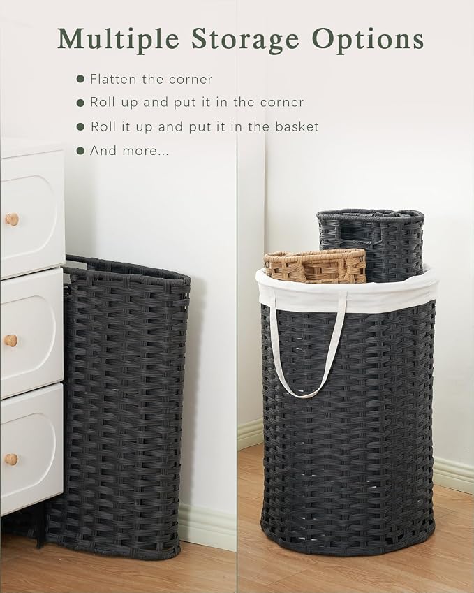 SETVSON Large Laundry Hamper Laundry Basket Round 34.3 Gal (130 L) Handwoven Wicker Laundry Baskets Rattan Laundry Basket with Laundry Bag Handles 2 Mesh Bags for Living Room Bedroom Black - Image 5