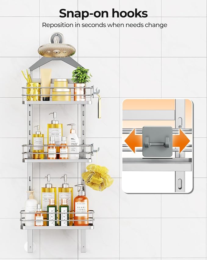 ODesign 3 Tier Height-Adjustable Shower Caddy Hanging Anti-Swing-Over The Shower Head Caddy-Storage Organizer Bathroom Shelves Basket-Silver - Image 8