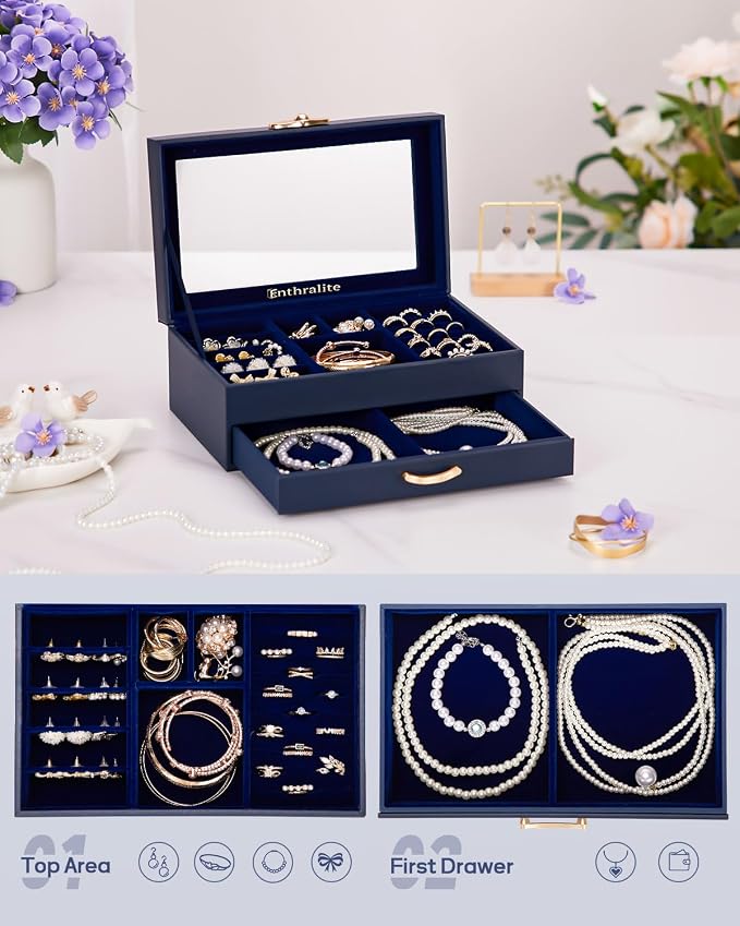Enthralite Jewelry Box with 1 Drawers: Display Organizer for Earrings Necklaces - Gifts for Girls Women (Dark Blue) - Image 2