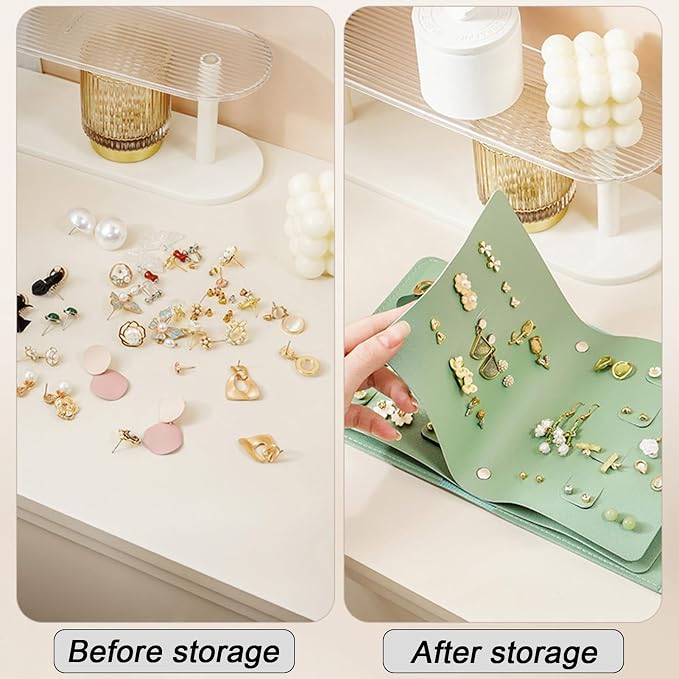 LAKE OF FIRE Earring Holder Organizer with Foldable Book Design Jewelry Book Organizer, Portable Pu Leather Travel Earring Case(Green) - Image 4
