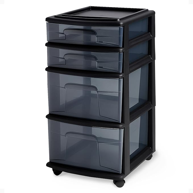 HOMZ Drawer Tower, 4-Tier Clear Plastic Storage Organizer Cart, Black Frame - Rolling Drawer Containers with Wheels for Bathroom, Bedroom, Office, and Classroom Organization by Homz