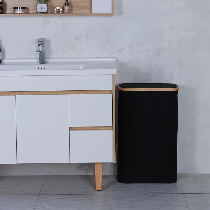 60L Slim Laundry Hamper,Laundry Basket with Lid,Tall Hamper for Laundry,Dirty Cloth Hamper with Bamboo Handle for Toys,Towels, Clothes Organizing,Black - Image 5