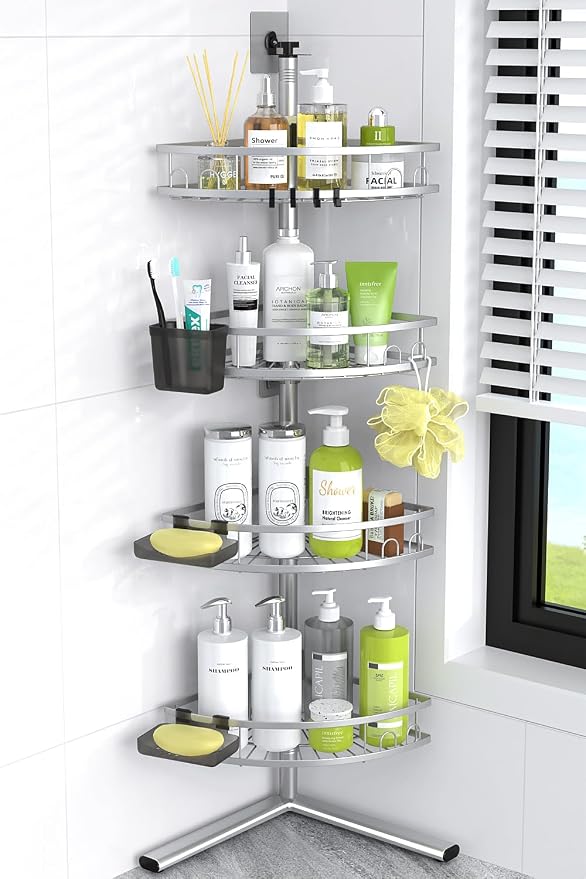 Aitatty Standing Shower Caddy Corner: 4-tier Rustproof Shower Organizer Shelf - Floor Shower Corner Shelf Rack Stand for Bathroom Chrome by Aitatty