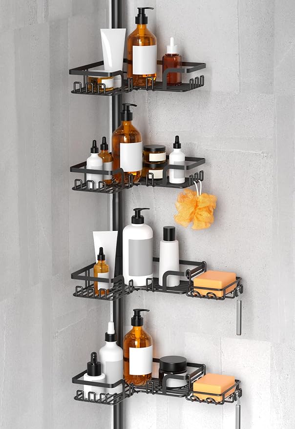 KEGII Shower Caddy Tension Pole – 4-Tier Adjustable Corner Bathroom Organizer Shelves with 2 Soap Holders, Hooks, Floor to Ceiling Storage Rack for Families & Renters, 25-114.2 Inch by KEGII