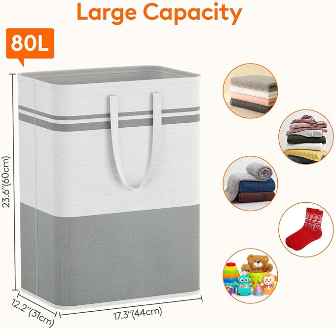 Lifewit 2 Pack 80L Large Freestanding Laundry Hamper, Collapsible Laundry Basket with Easy Carry Handles, Waterproof Tall Clothes Hamper for Laundry Dorm Bedroom Bathroom, Grey-White - Image 2