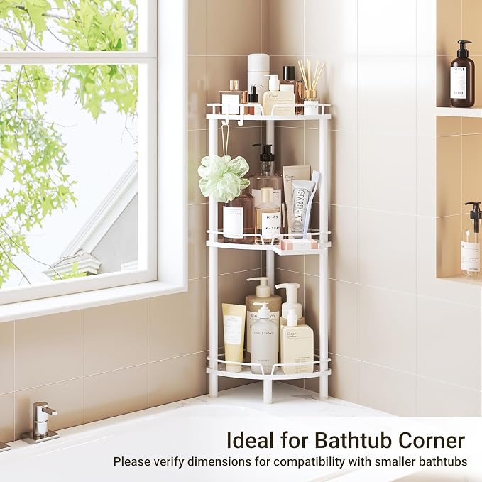 ELYKEN Corner Shower Caddy Standing, 3 Tier Rustproof Metal Shower Organizer with Soap Holder, Floor Shower Corner Shelf Rack Storage Stands with Adjustable Feet & 2 Hooks for Bathroom, White - Image 8