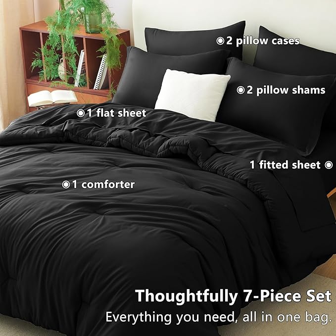 CozyLux Full Size Comforter Sets Black, 7 Pieces Bed in a Bag Full Comforter Set with Sheets, Luxury Soft Bedding Set with Down Alternative Comforter, Fitted Sheet, Flat Sheet, Pillowcases & Shams