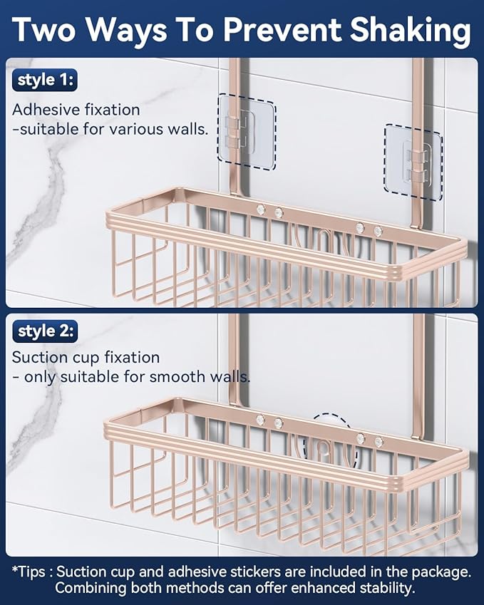 YASONIC Shower Caddy Hanging, Never Rust Shower Organizer Hanging, Aluminum Shower Racks for Inside Shower with Hooks for Razor, Bathroom Organizers and Storage with Soap Holder, Rose Gold - Image 7