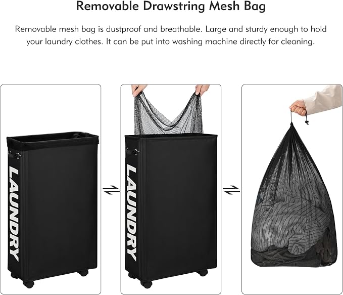DOKEHOM 29-Inches Enlarged Slim Laundry Basket with Removable Wash Bag on Wheels, Collapsible Rolling Laundry Hamper, Foldable Narrow Corner Clothes Storage Bins (Black) - Image 5