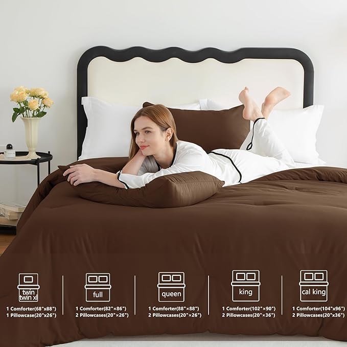 CozyLux King Size Comforter Set Brown, 3 Pieces Solid Comforters King Size Breathable Quilted Bedding Sets, Luxury Soft Lightweight Bed Set with Down Alternative Comforter and 2 Pillowcases All Season