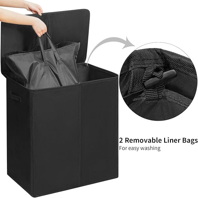 WOWLIVE 180L Double Laundry Hamper with Lid and Removable Laundry Bags, Large Dirty Clothes Hamper 2 section Collapsible Laundry Basket Dorm Room Storage for Bedroom, Bathroom, College,Black - Image 5