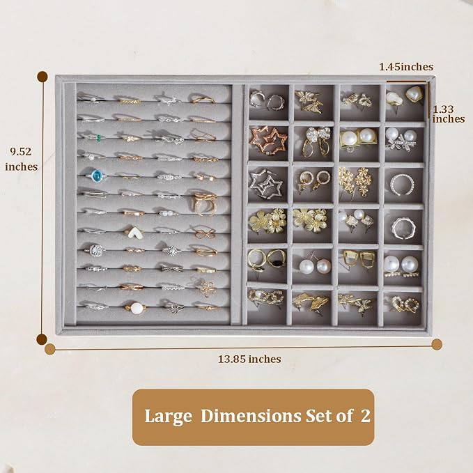 Large Velvet Jewelry Tray 2 Pack Stackable Jewelry Display Drawer Inserts Trays Organizer for Earring Bracelet Necklace Ring (Gray, Ring and 24 Grids) - Image 4