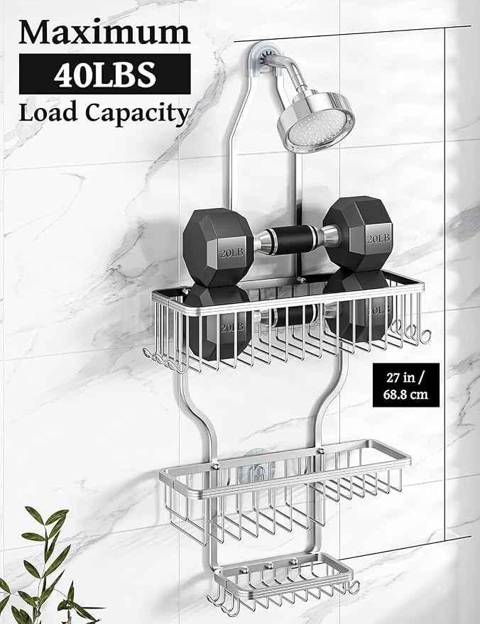 YASONIC Never-Rust Aluminum Hanging Shower Caddy – Over-the-Showerhead Organizer with 10 Hooks for Razor and Sponge – Includes Soap Basket – Silver - Image 6