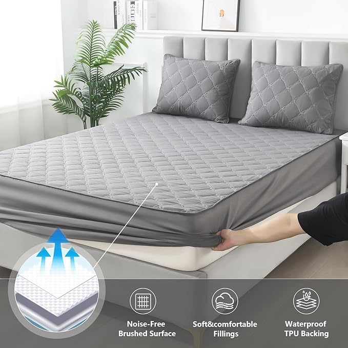 Waterproof Mattress Protector - Queen Size Mattress Pad Silent & Fitted Sheet Style | Full Bed Protection for Kids, Pets, Adults | Hypoallergenic, Machine Washable (Gray, Queen)