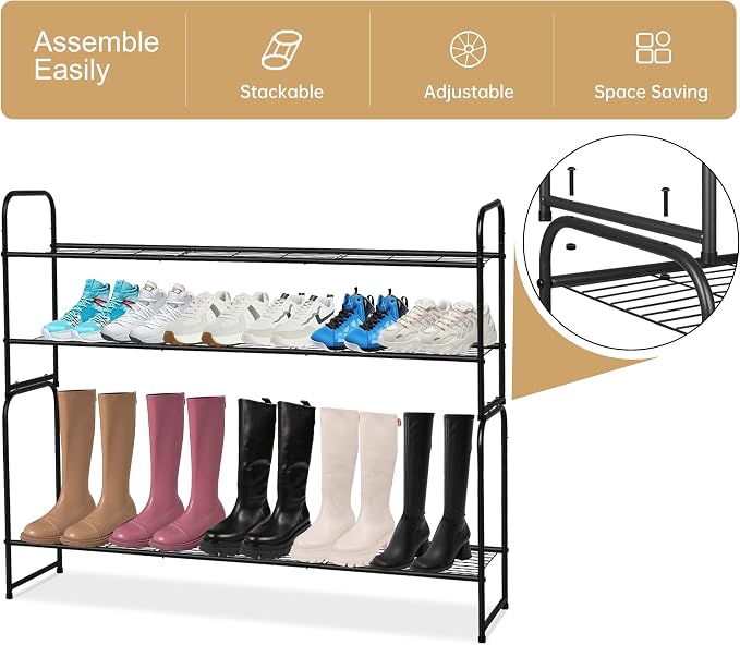 KEETDY 2-Tier Long Shoe Rack for Closet Metal Shoe Organizer for Entryway, Wide Stackable Shoe Storage Shelf with Sturdy Wire Grid for Closet Floor, Bedroom, Black - Image 6