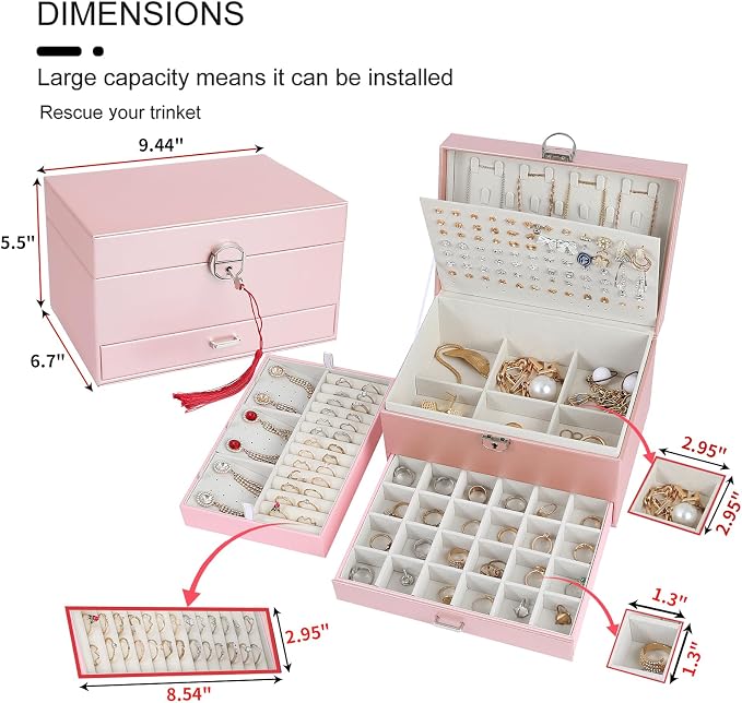 BOOVO Earring Jewelry Box For Women Girl Stud Organizer, 5 Layers Girl Jewelry Organizer Box With Lock Earring Holder Organizer Necklace Ring Jewelry Organizer Box For Girls (rose gold) - Image 4