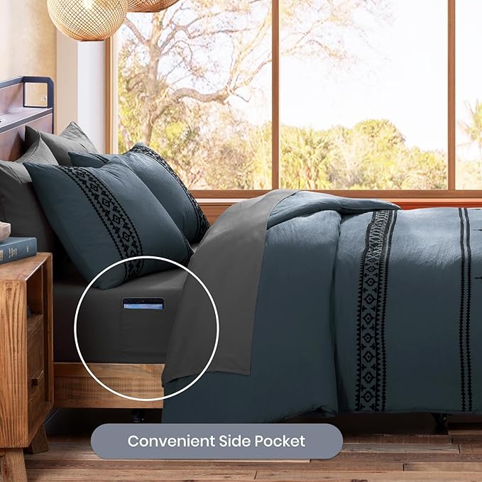 MaiRêve California King Comforter Set Blue Grey, Embroidery Western Bedding Set Boho 7 Pieces, Farmhouse All-Season Bed in A Bag with Sheets, Pillowcases & Shams