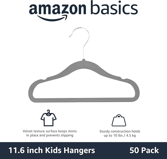 Amazon Basics Kids Space Saving Velvet Non-Slip Clothes Hangers with Shoulder Notches for Infant and Toddler, Sturdy, 11.6", Gray, 50-Pack - Image 2