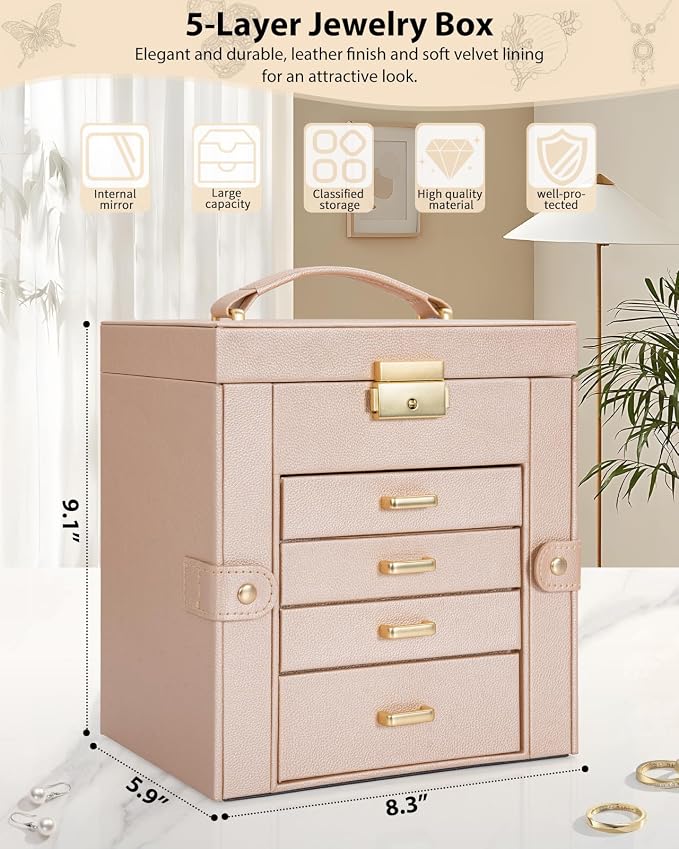 AKOZLIN 5-Tier Jewelry Box Leather Jewelry Storage Organizer with 4 Drawers Lockable for Women Girls Ring Necklace Earring Bracelet Watches Holder with Mirror Champagne - Image 2